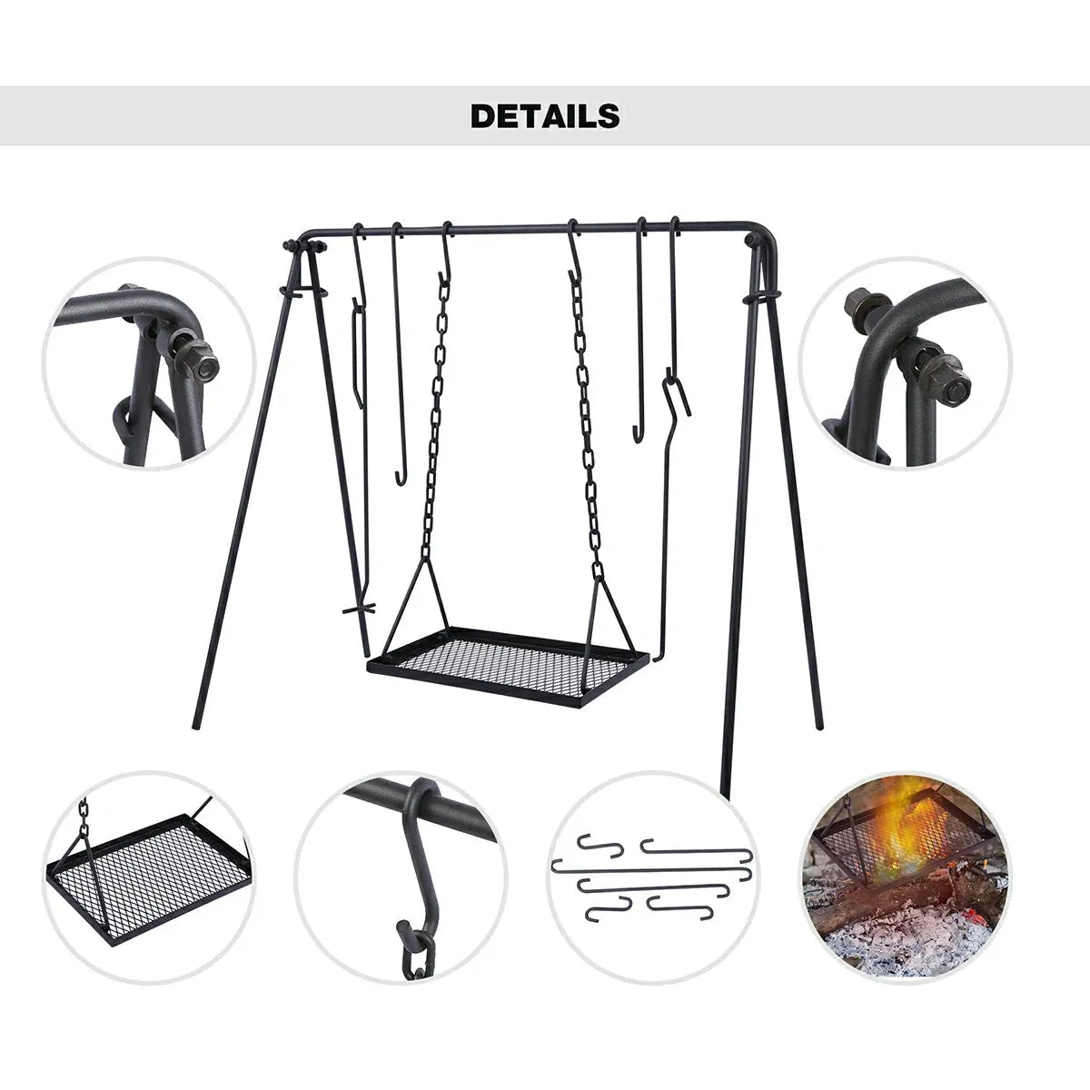 REDCAMP Campfire Swing Grill Stand with Grill, Hooks & Lid Lifter – Redcamp